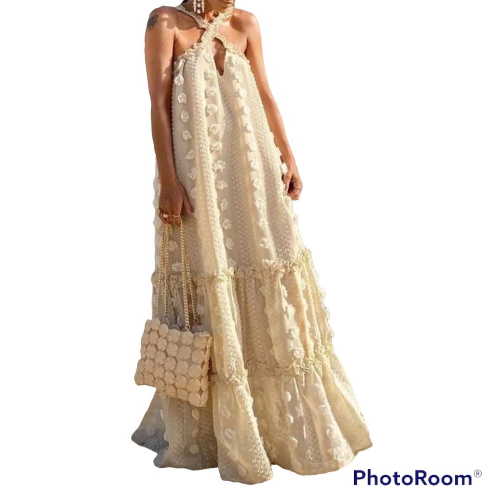 Waterfall Appliqué Flowers Tie Strap Loose Long Halter Ruffle Dress - Picture 4 of 11